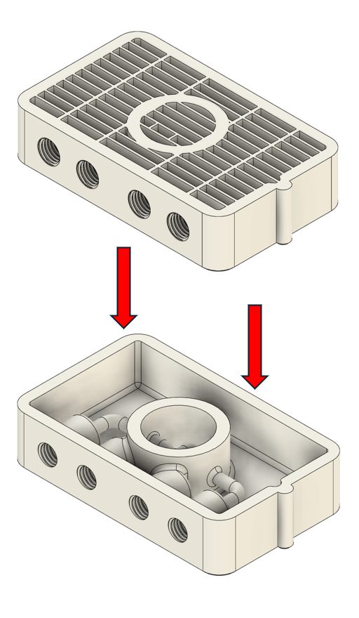Vergleich zweier Keramikbauteile: oben eine fehleranfällige Konstruktion mit feinen Rippen, unten die keramikgerecht optimierte, offene Bauform